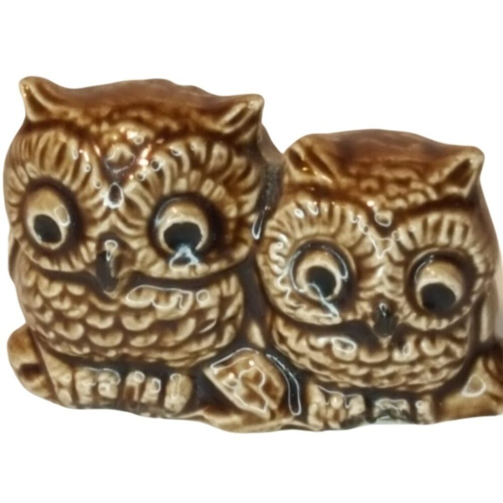 Vintage Ceramic Owls Miniature Pair of owls on Branch Small Brown